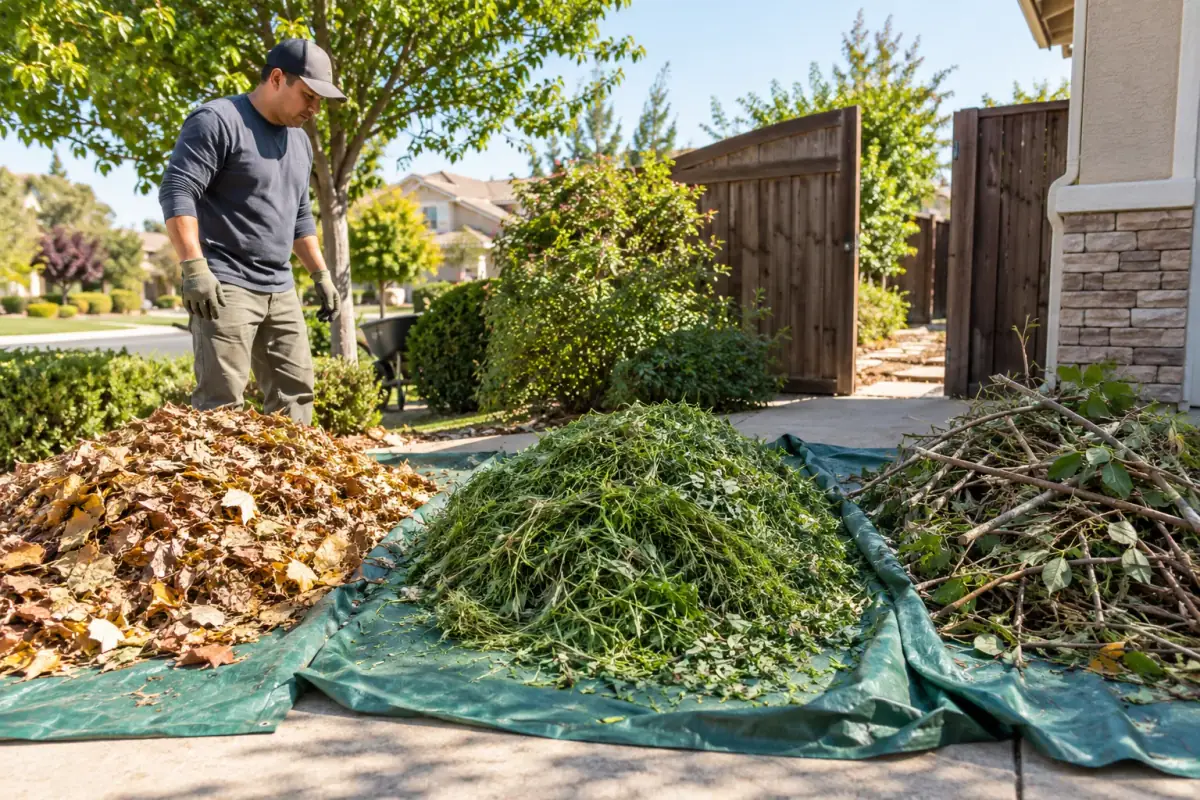 Leaves, green clippings, and branches separated on tarps